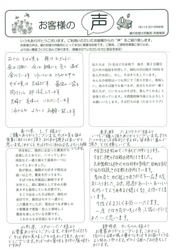 お客様の声大西製粉